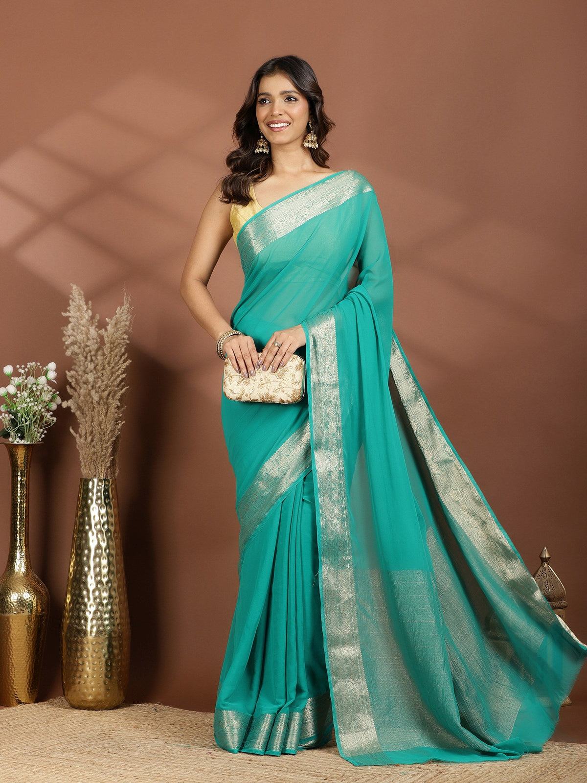 Rama Green Zari Work Chiffon Saree
