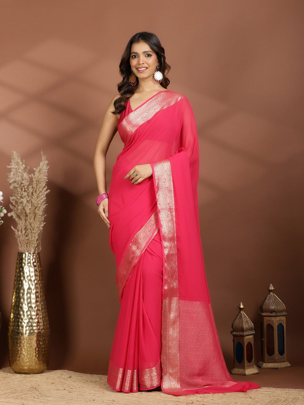 Rani Zari Work Chiffon Saree