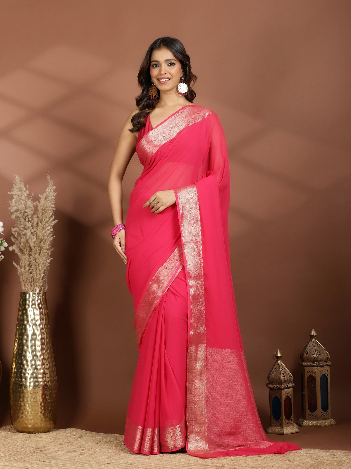 Rani Zari Work Chiffon Saree