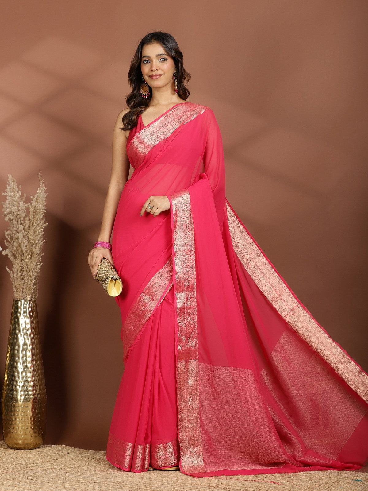 Rani Zari Work Chiffon Saree