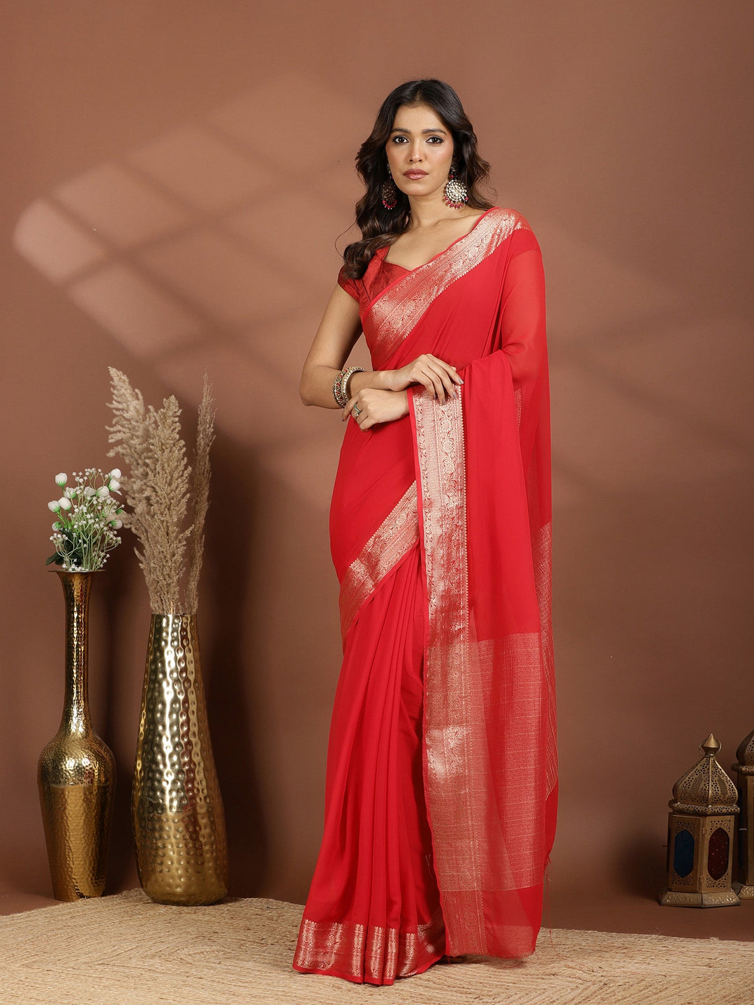 Red Zari Work Chiffon Saree