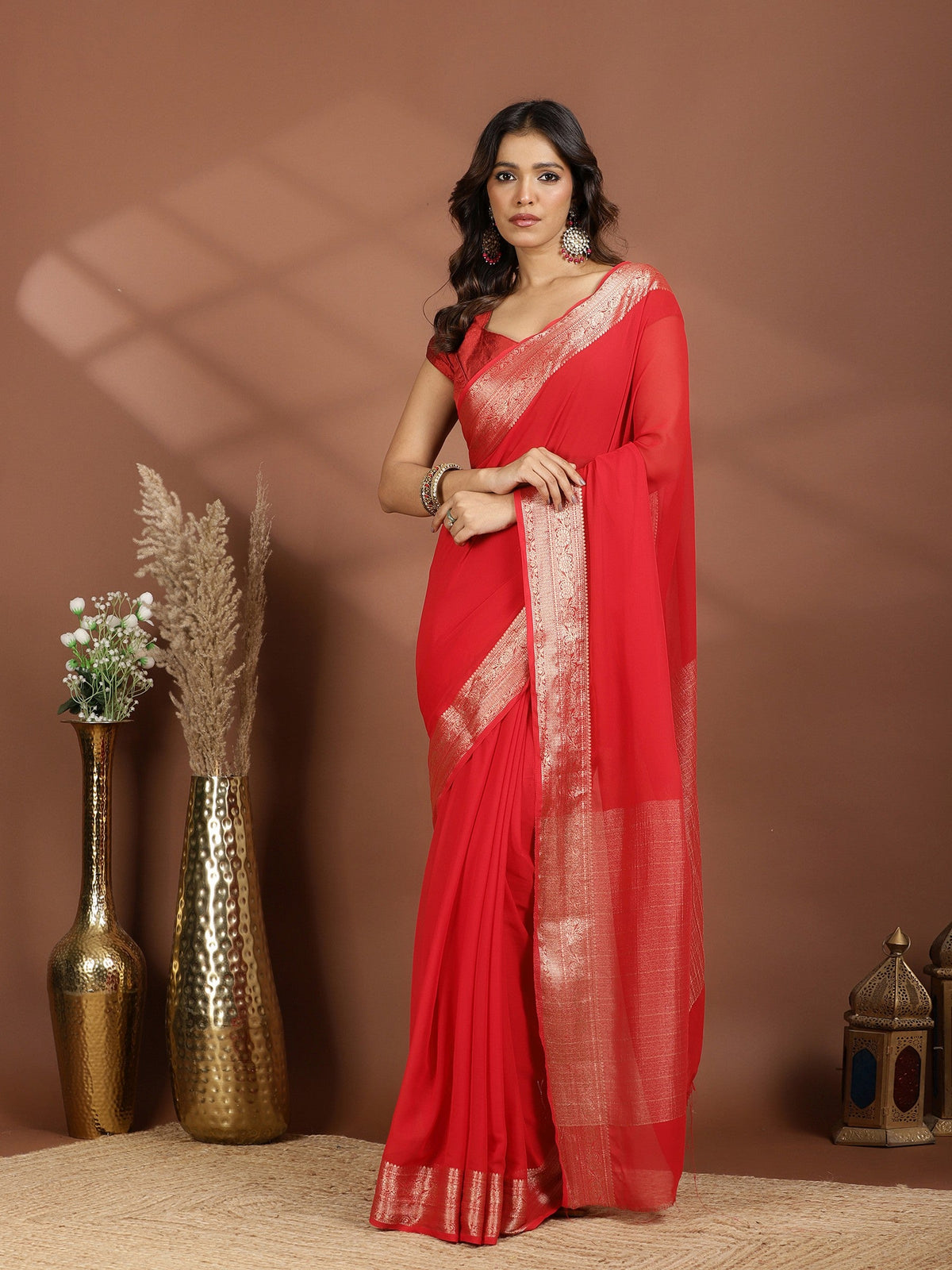 Red Zari Work Chiffon Saree