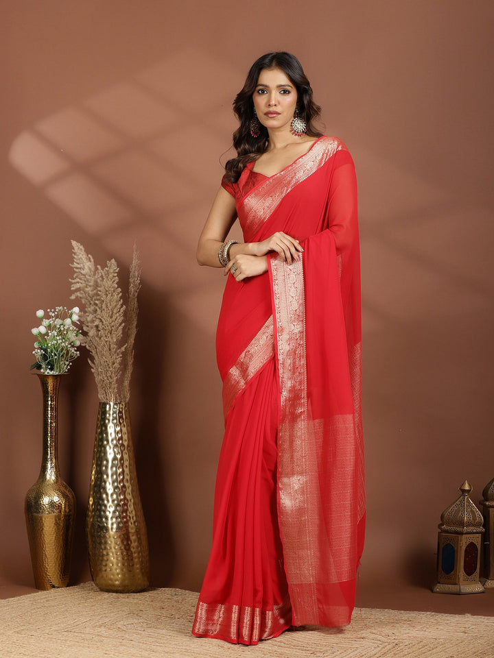 Red Zari Work Chiffon Saree