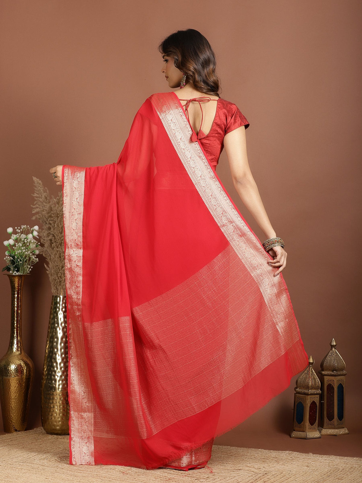 Red Zari Work Chiffon Saree
