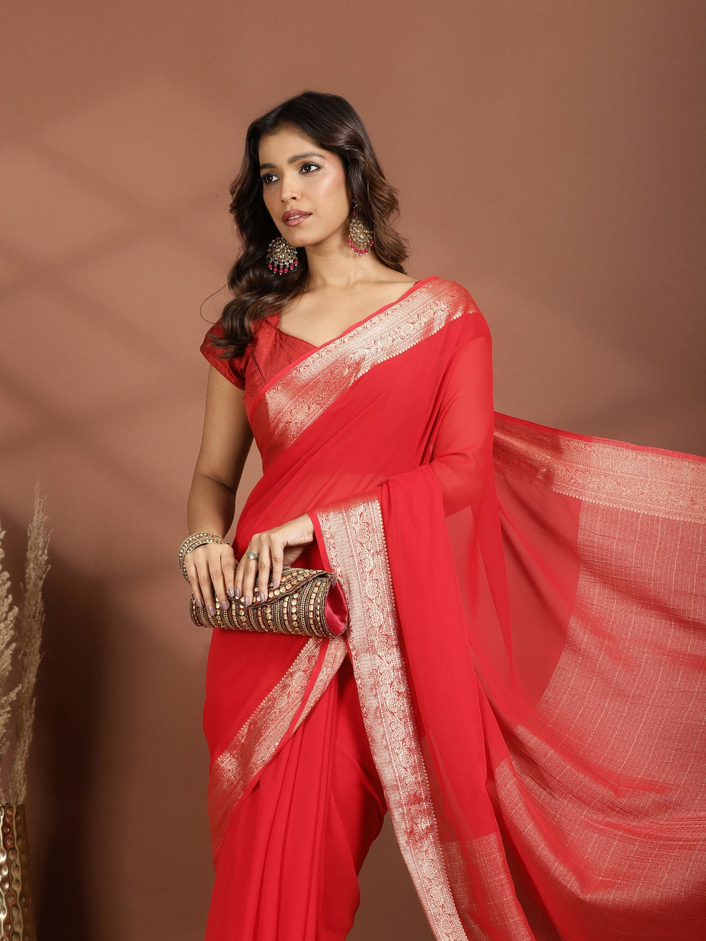 Red Zari Work Chiffon Saree