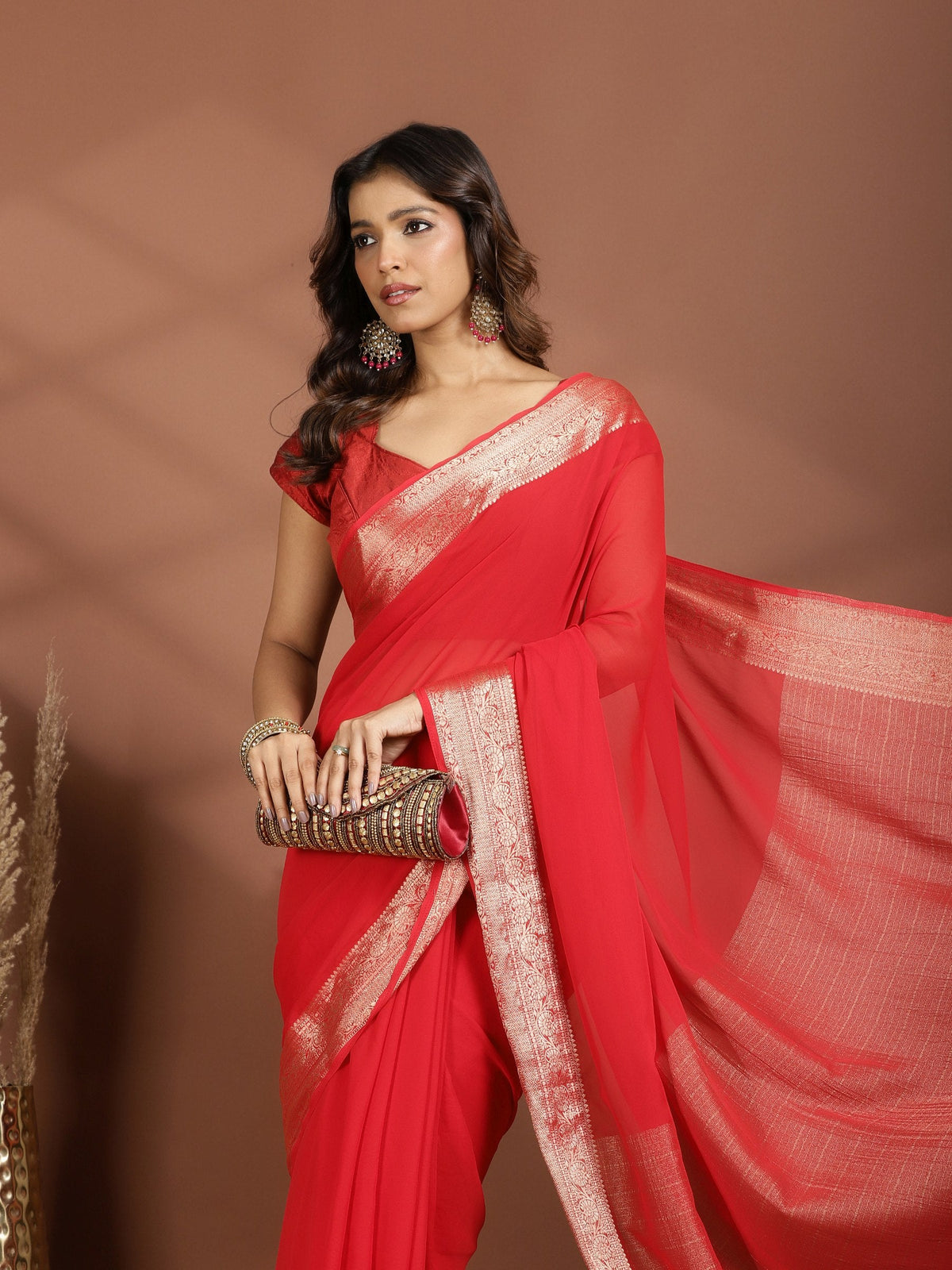 Red Zari Work Chiffon Saree