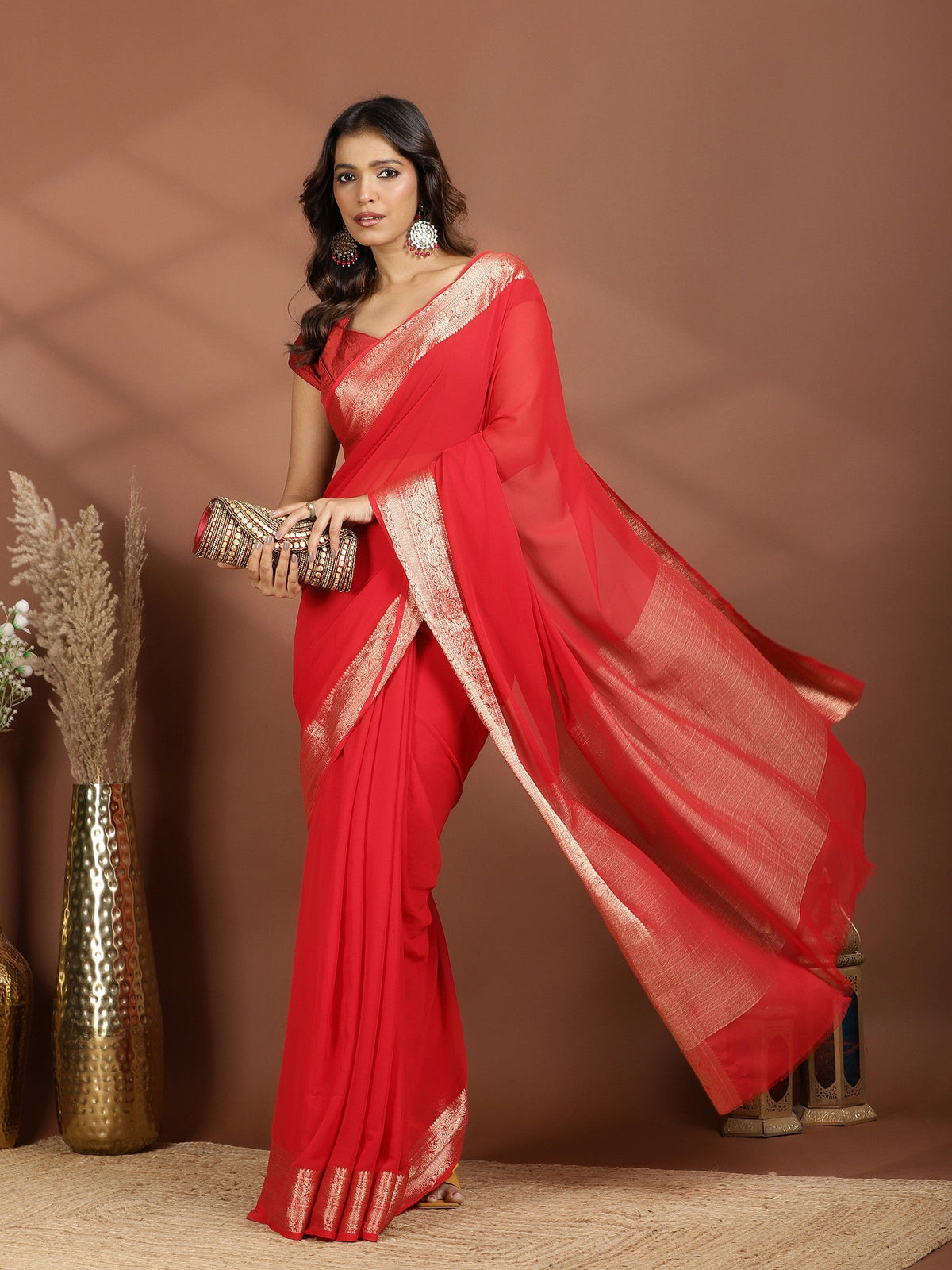 Red Zari Work Chiffon Saree