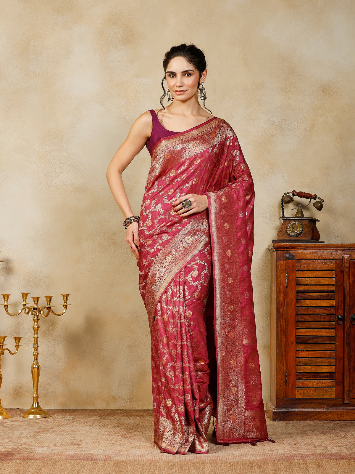 Magenta Woven Design Art Silk Saree