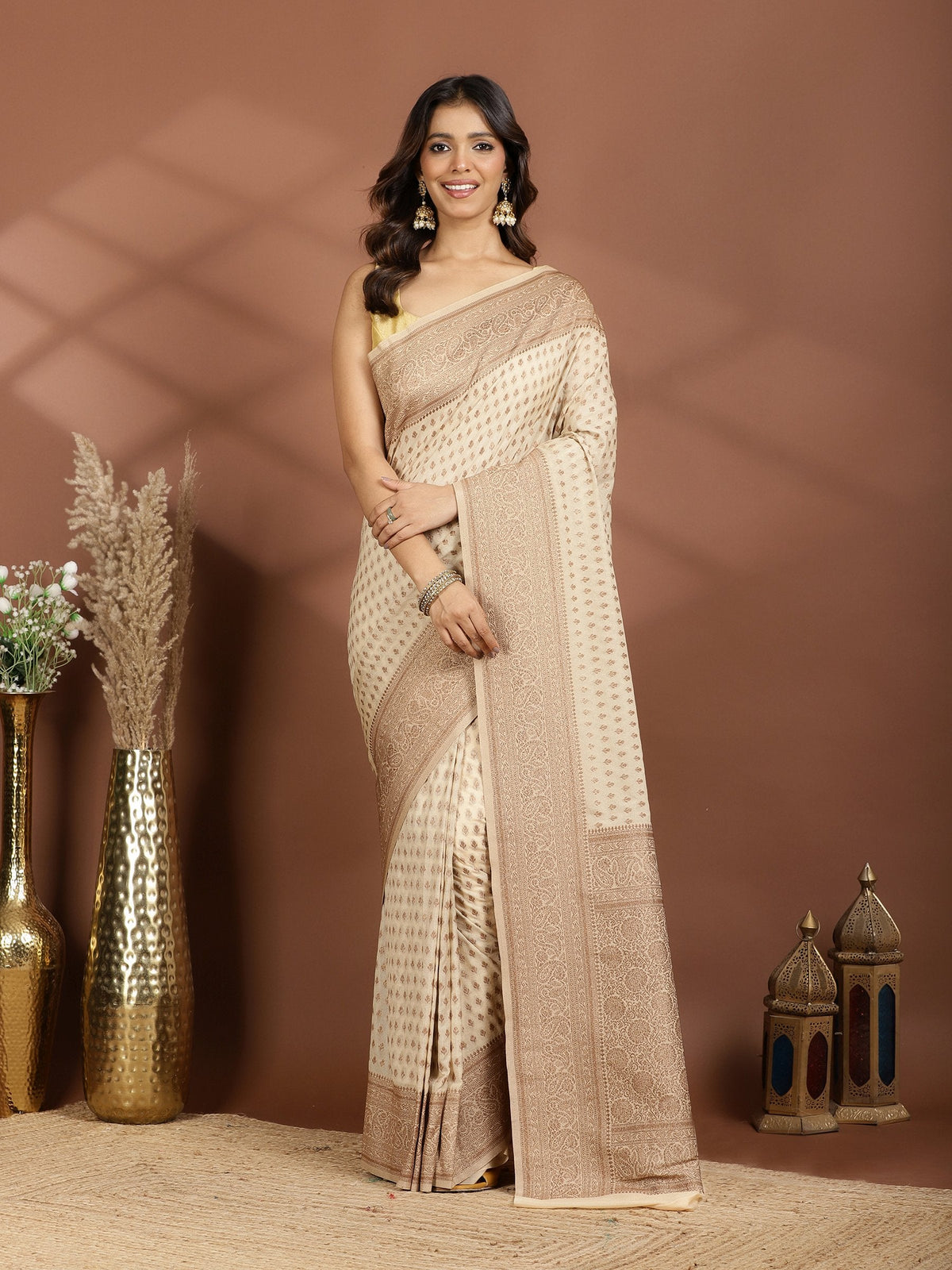 Beige Embroidered Georgette Saree