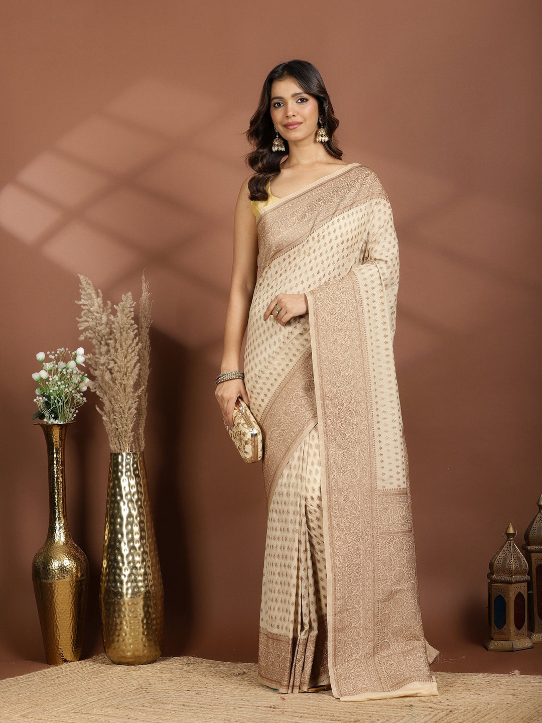 Beige Embroidered Georgette Saree