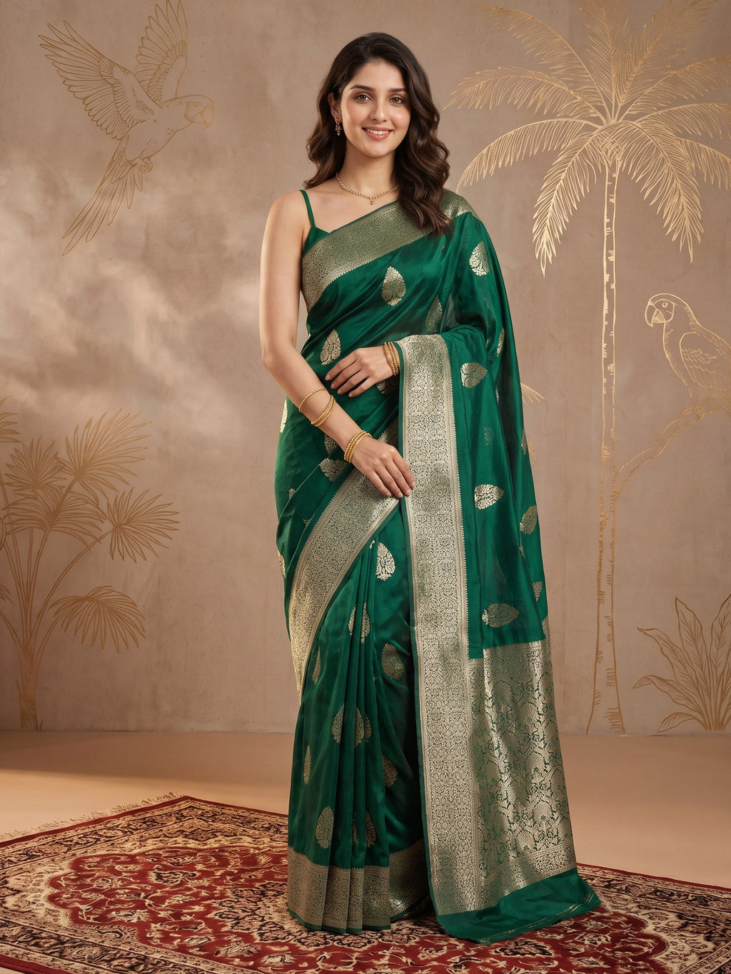Bottle Green Zari Work Crepe Saree