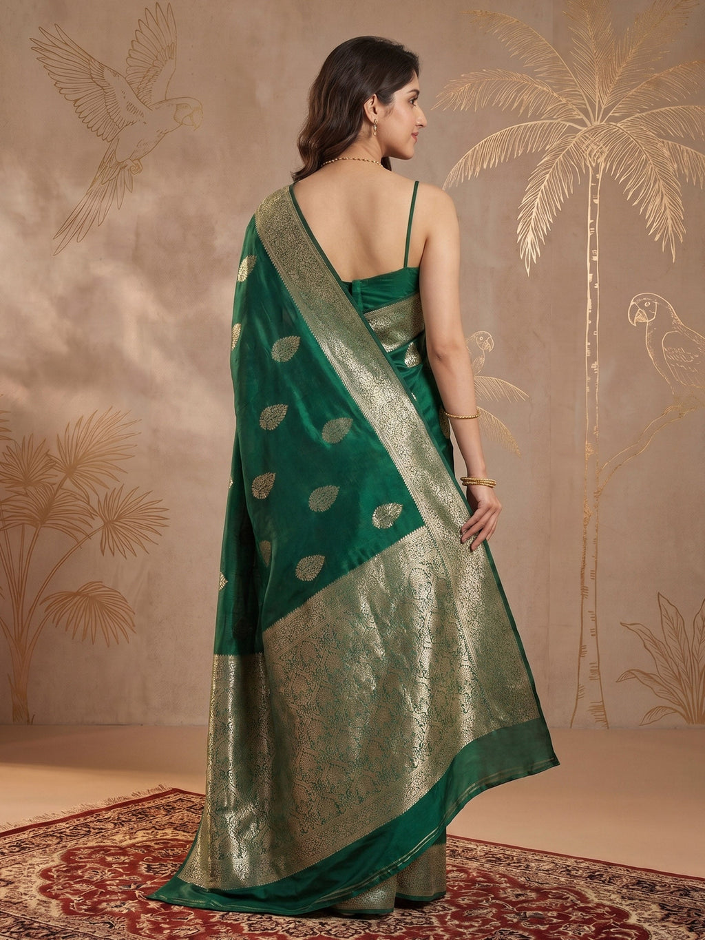 Bottle Green Zari Work Crepe Saree