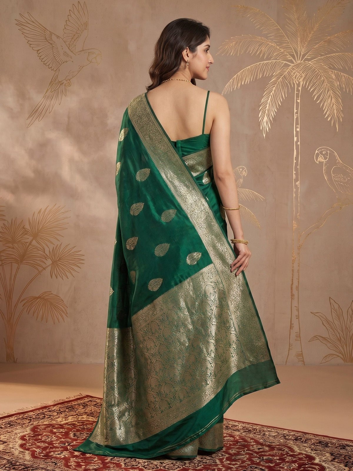 Bottle Green Zari Work Crepe Saree