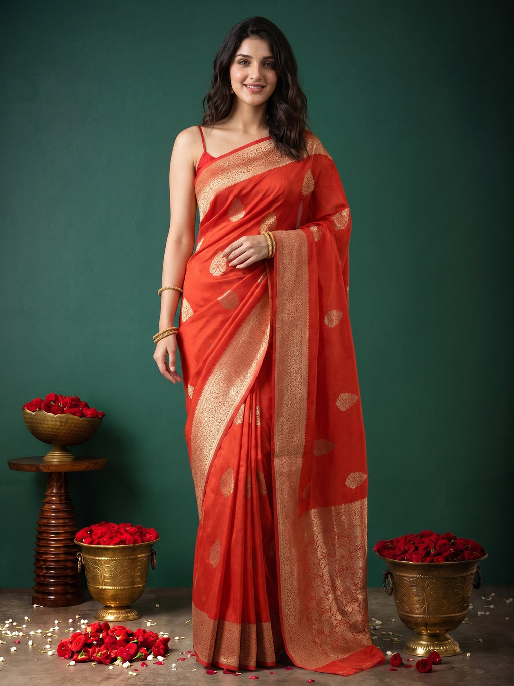 Rust Zari Work Crepe Saree