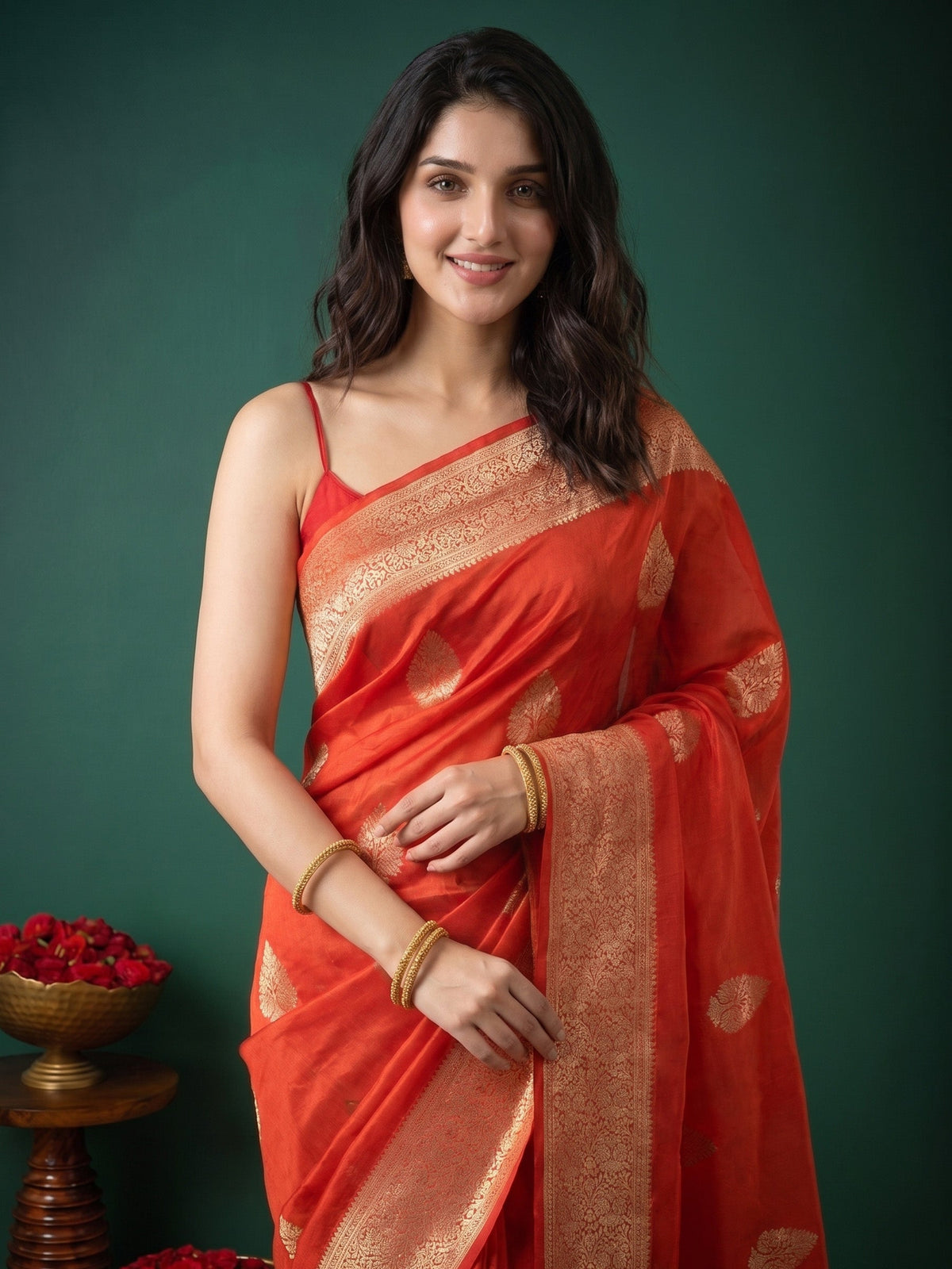 Rust Zari Work Crepe Saree