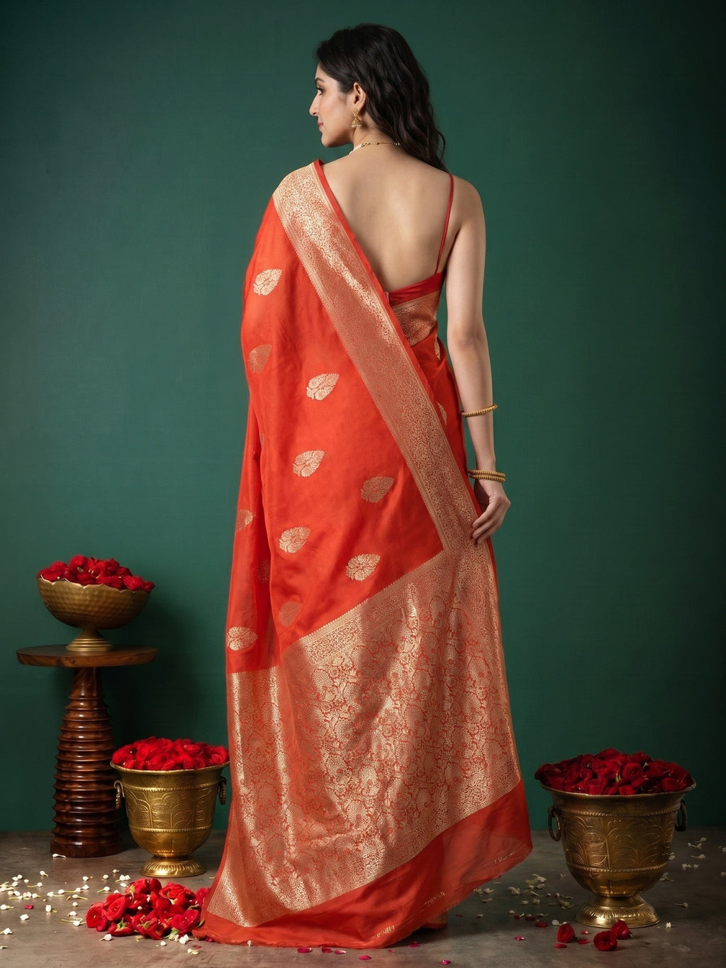 Rust Zari Work Crepe Saree