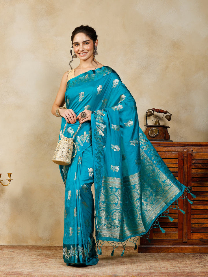Lake Blue Woven Design Art Silk Saree