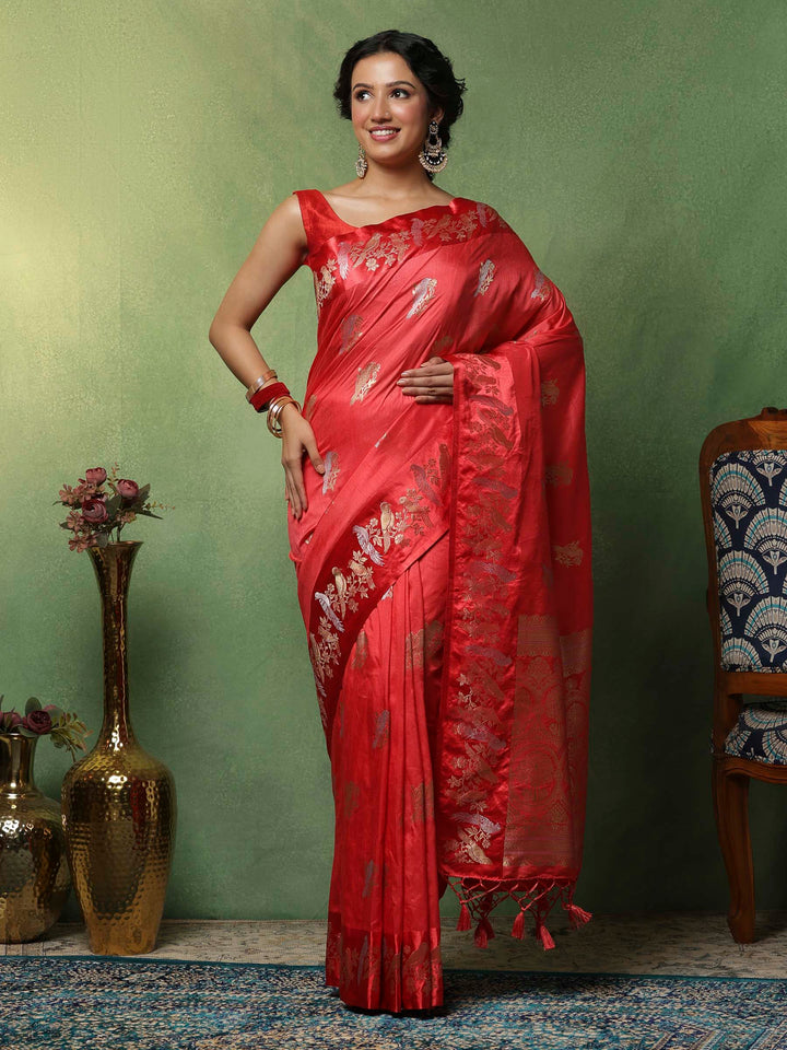 Pink Woven Design Art Silk Saree