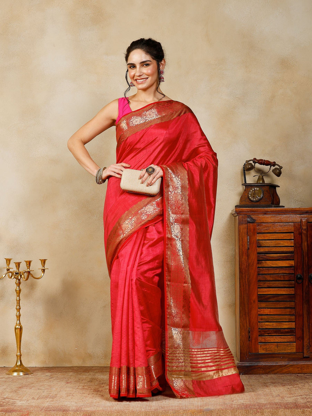 Hot Pink Woven Design Art Silk Saree