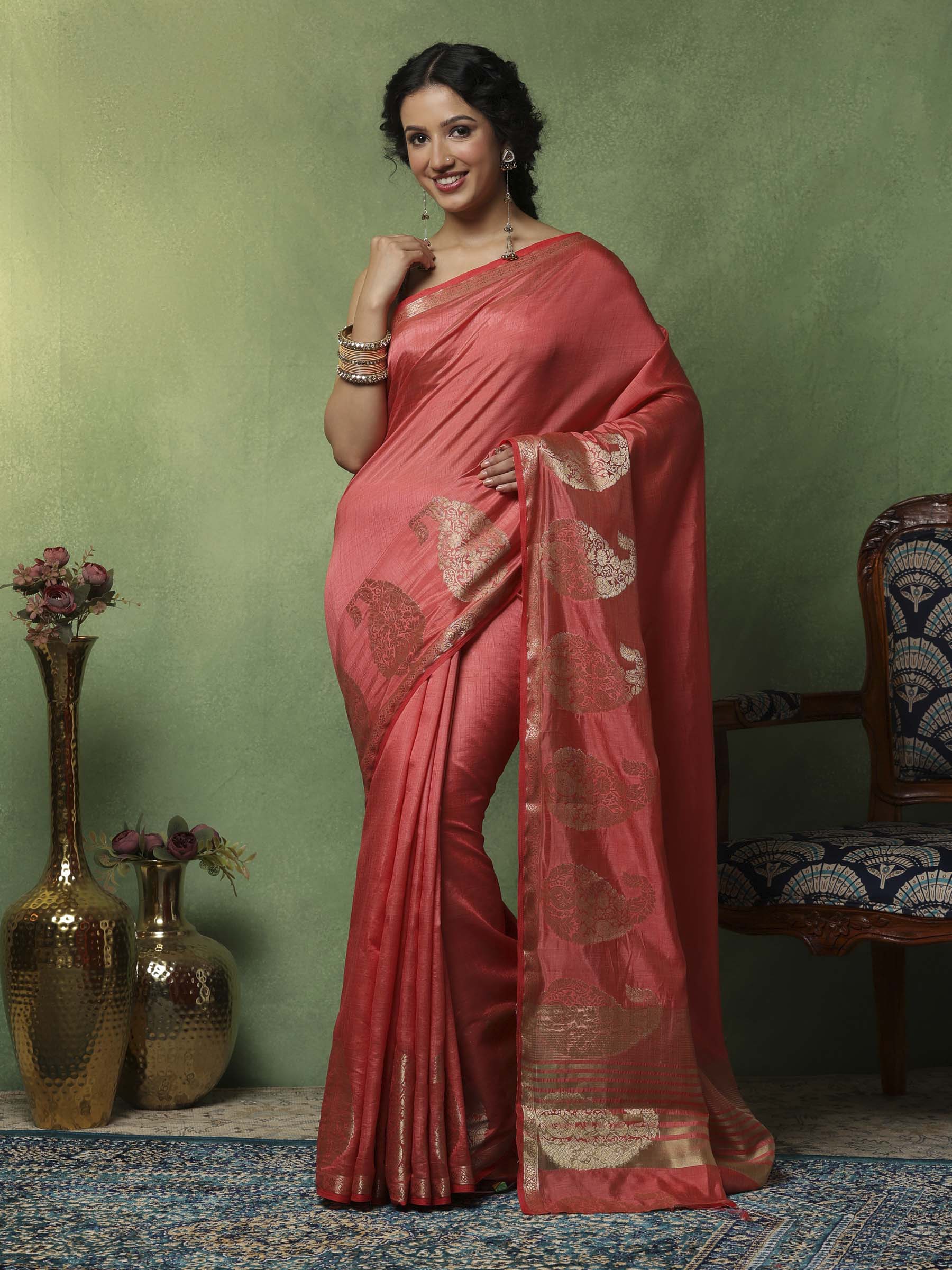 Pink Woven Design Art Silk Saree