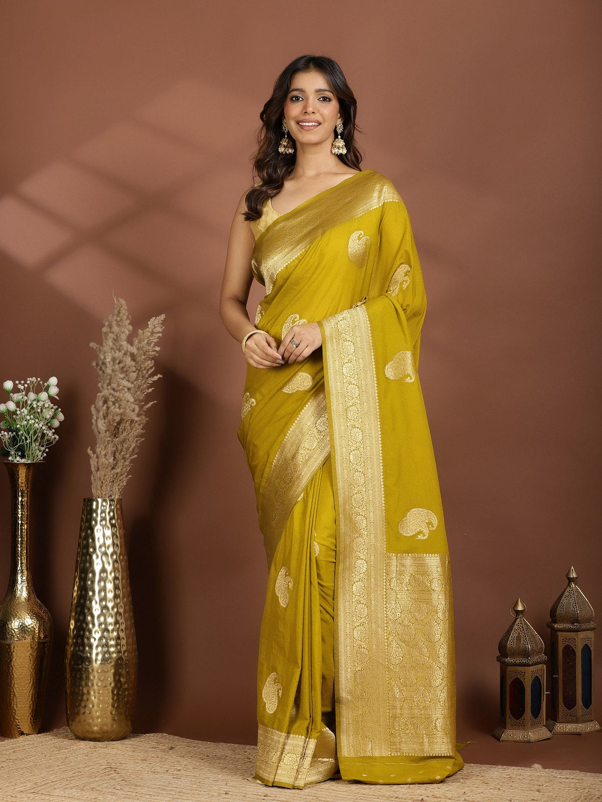 Lemon Zari Booti Art Silk Saree