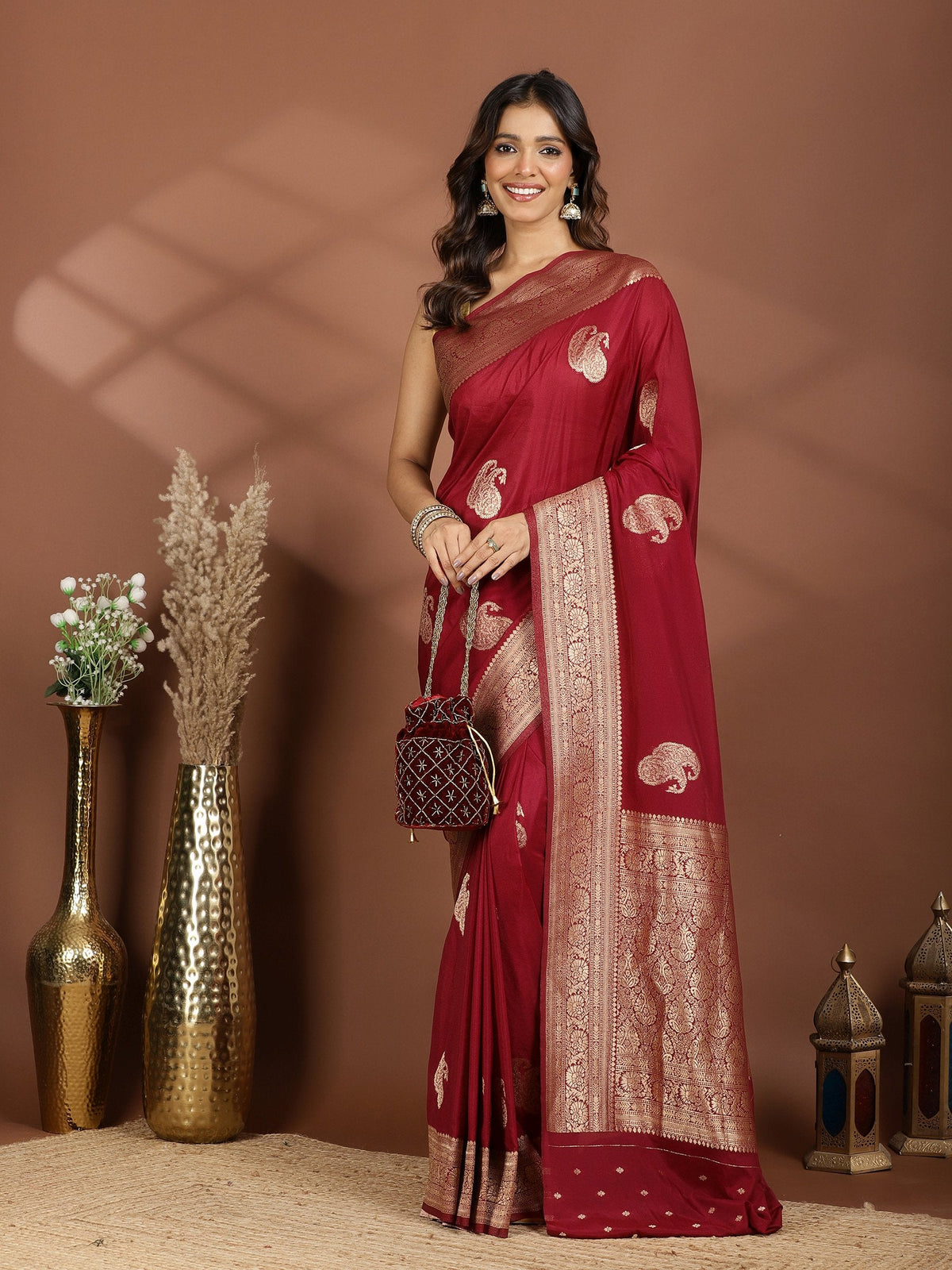 Magenta Zari Booti Art Silk Saree