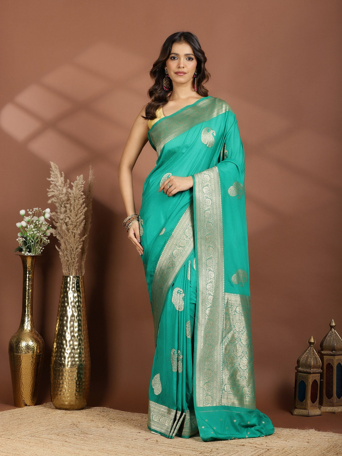 Rama Green Zari Booti Art Silk Saree
