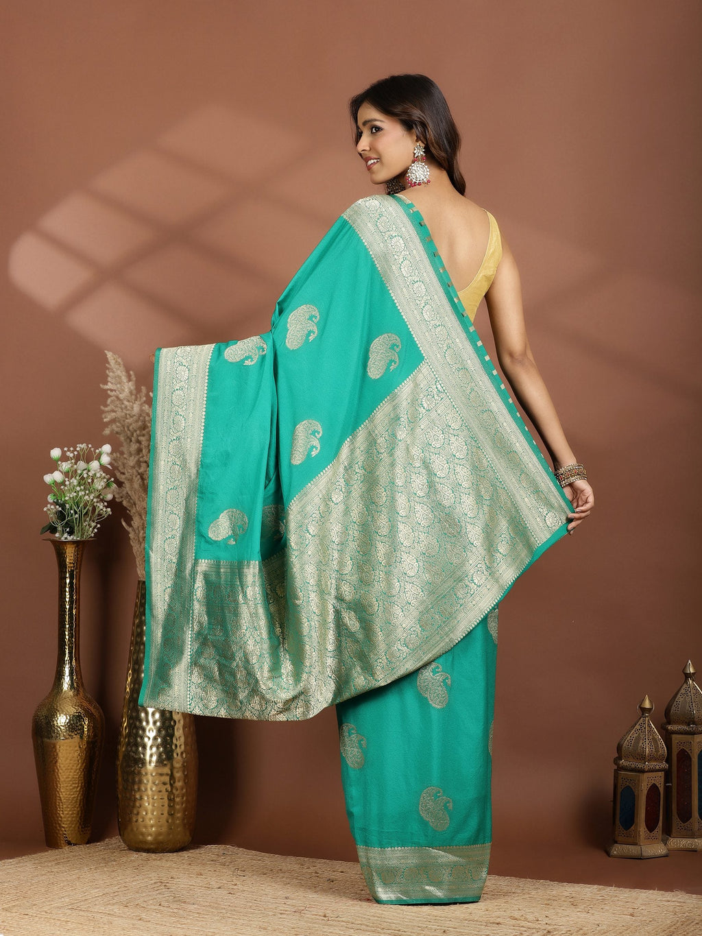 Rama Green Zari Booti Art Silk Saree