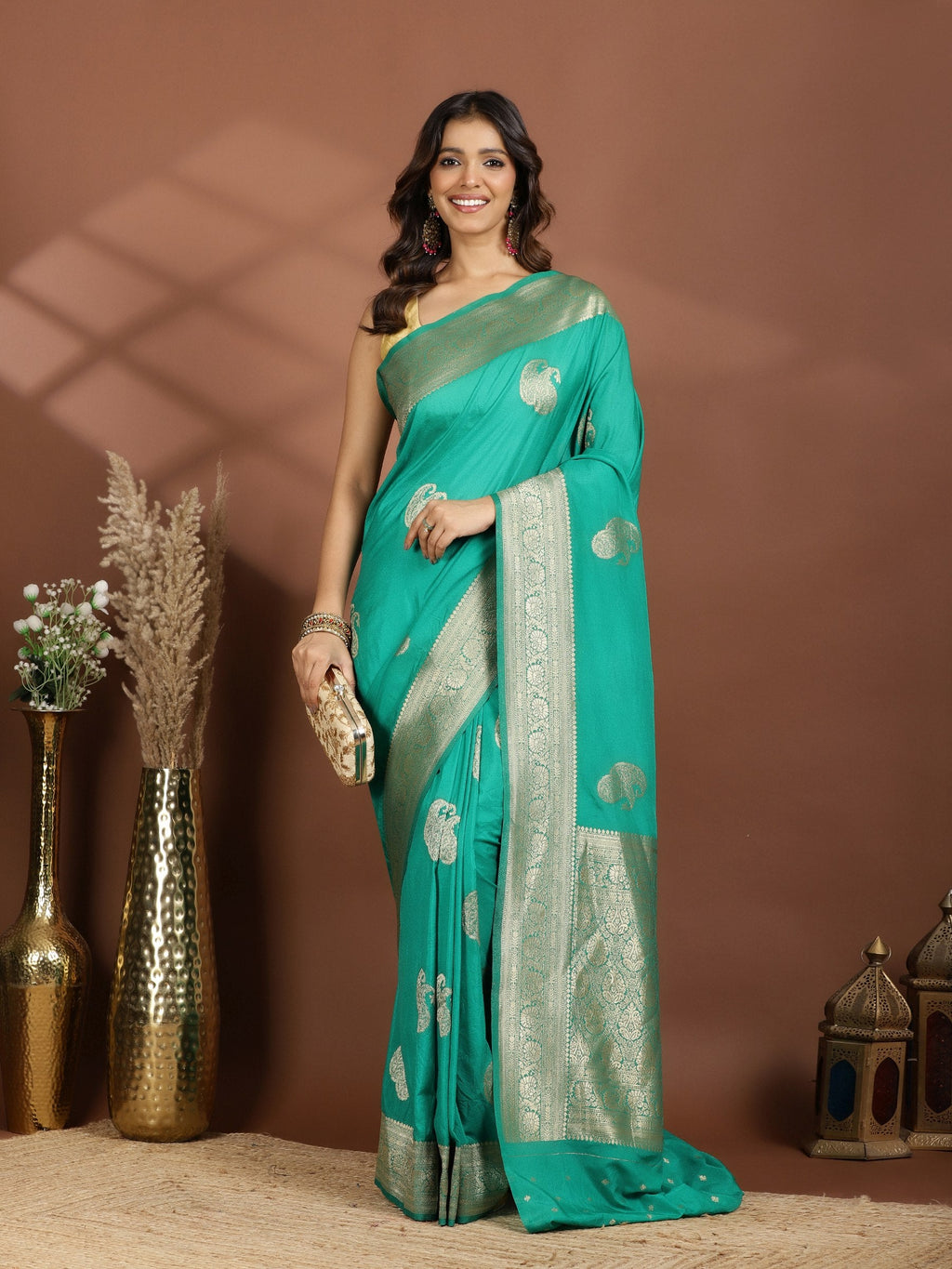 Rama Green Zari Booti Art Silk Saree