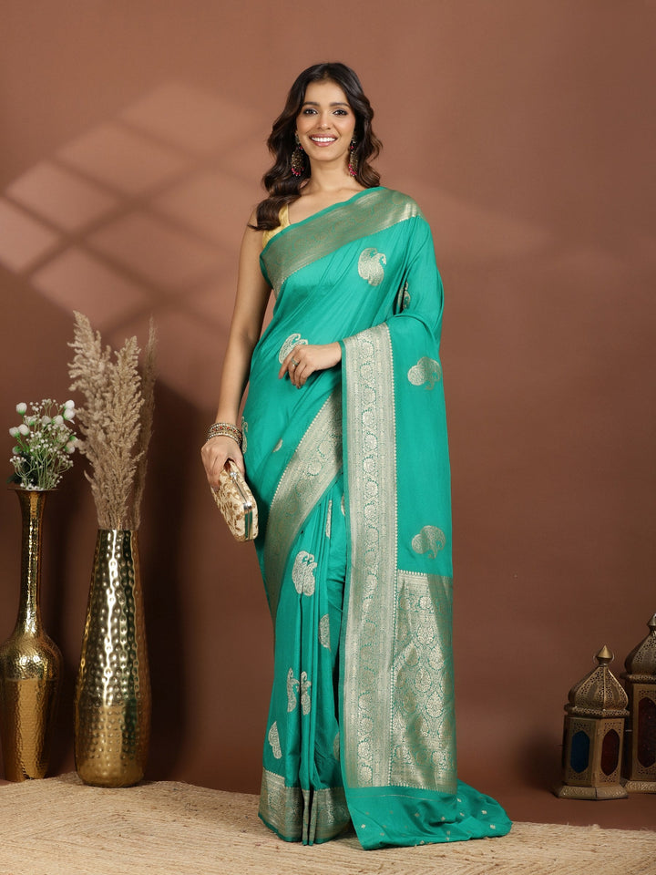 Rama Green Zari Booti Art Silk Saree