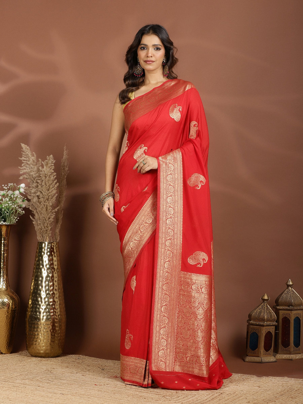 Red Zari Booti Art Silk Saree