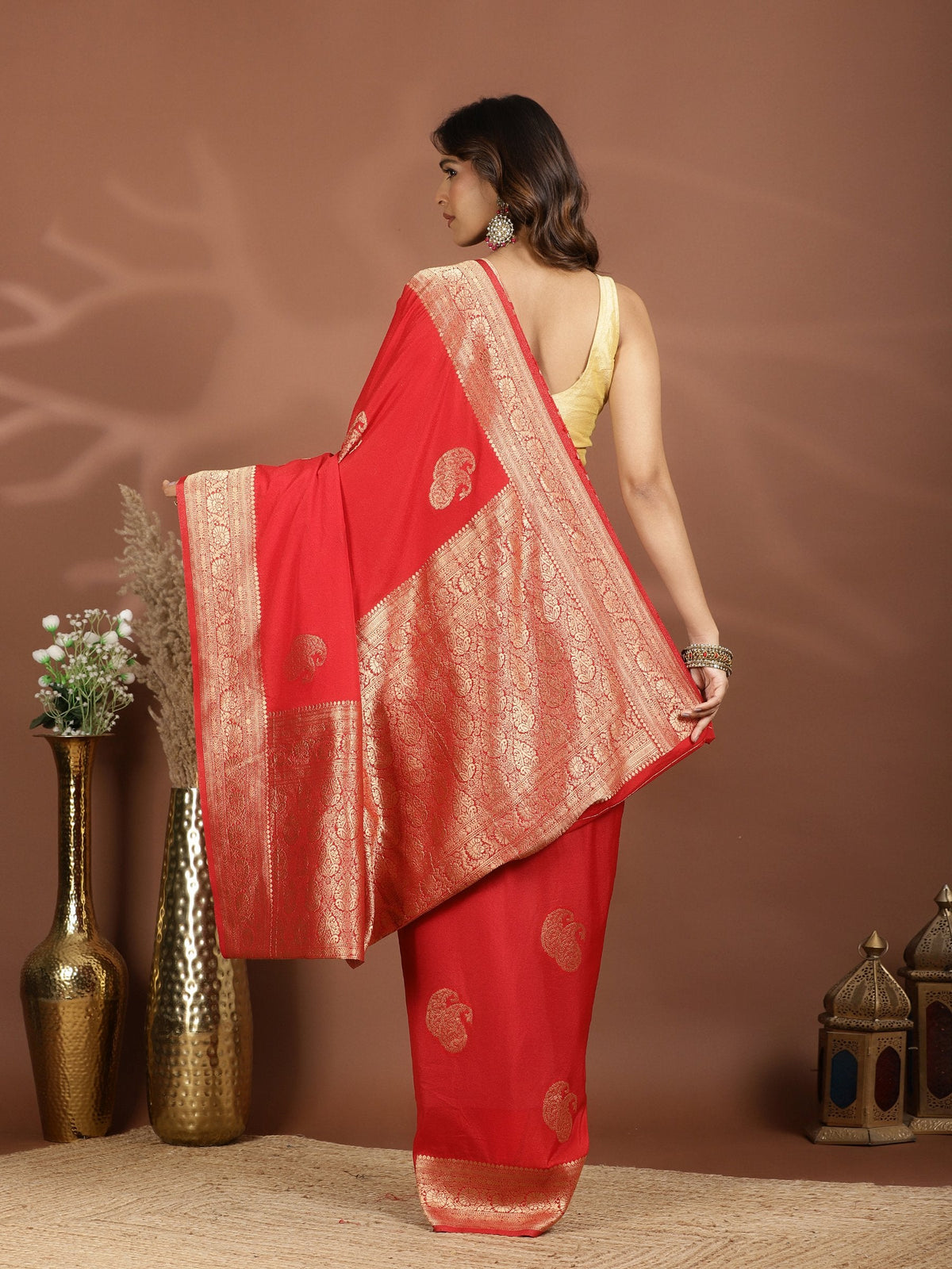 Red Zari Booti Art Silk Saree
