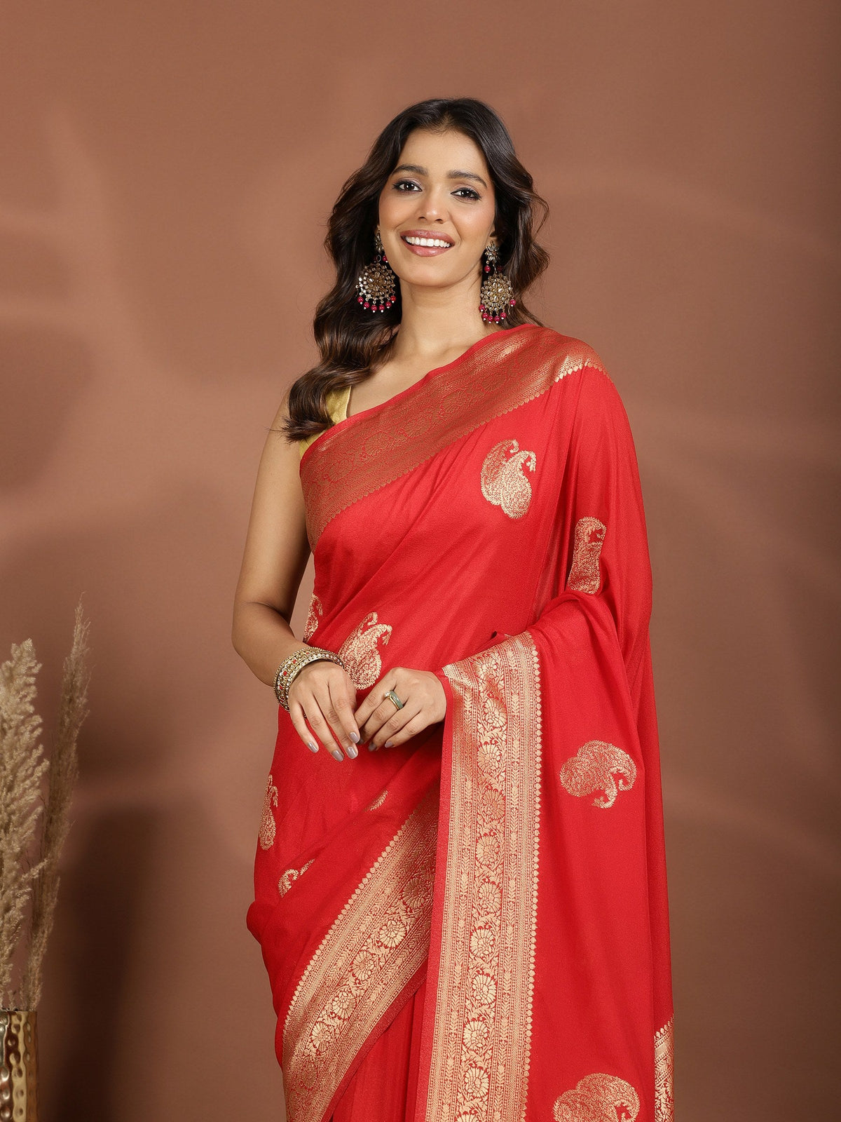 Red Zari Booti Art Silk Saree