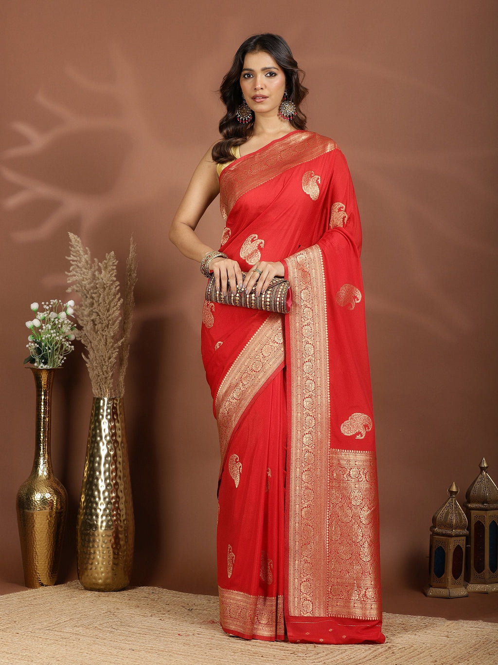Red Zari Booti Art Silk Saree