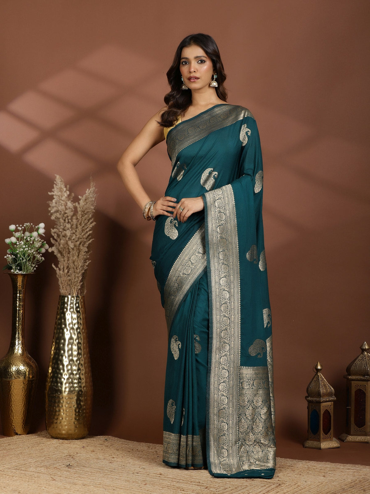 Teal Blue Zari Booti Art Silk Saree