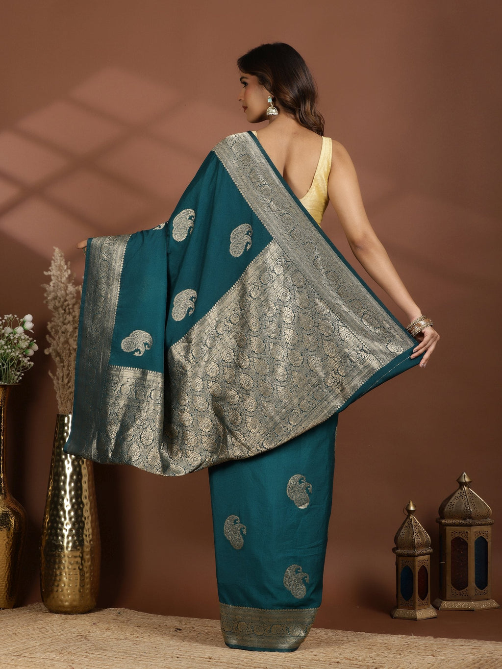 Teal Blue Zari Booti Art Silk Saree