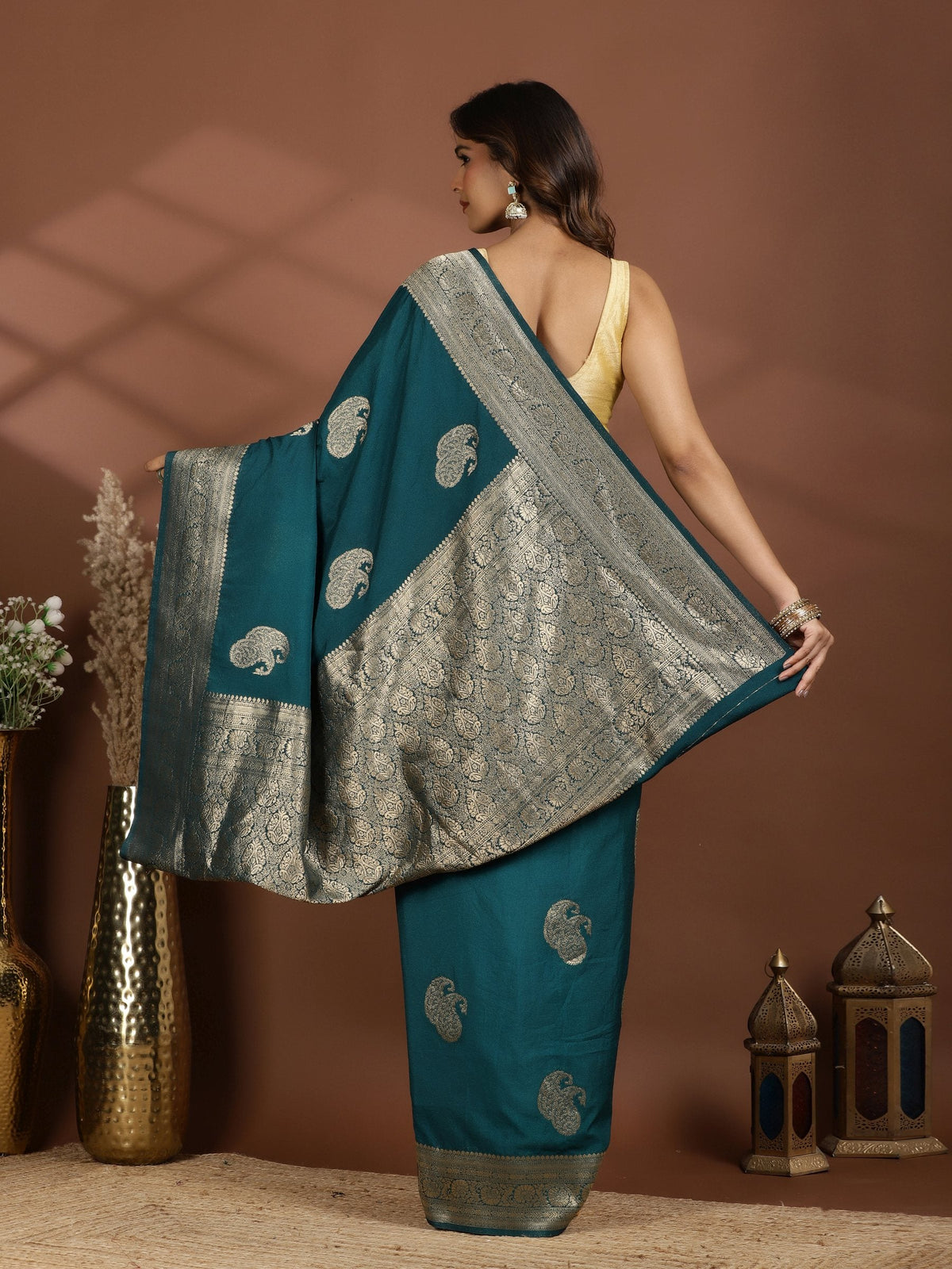 Teal Blue Zari Booti Art Silk Saree