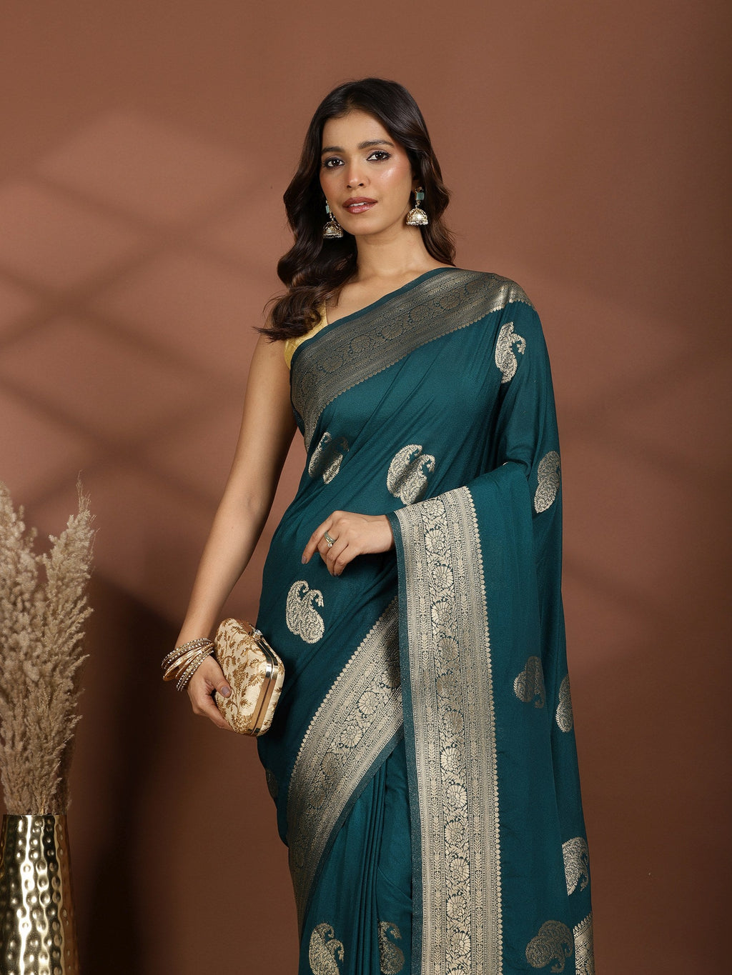 Teal Blue Zari Booti Art Silk Saree