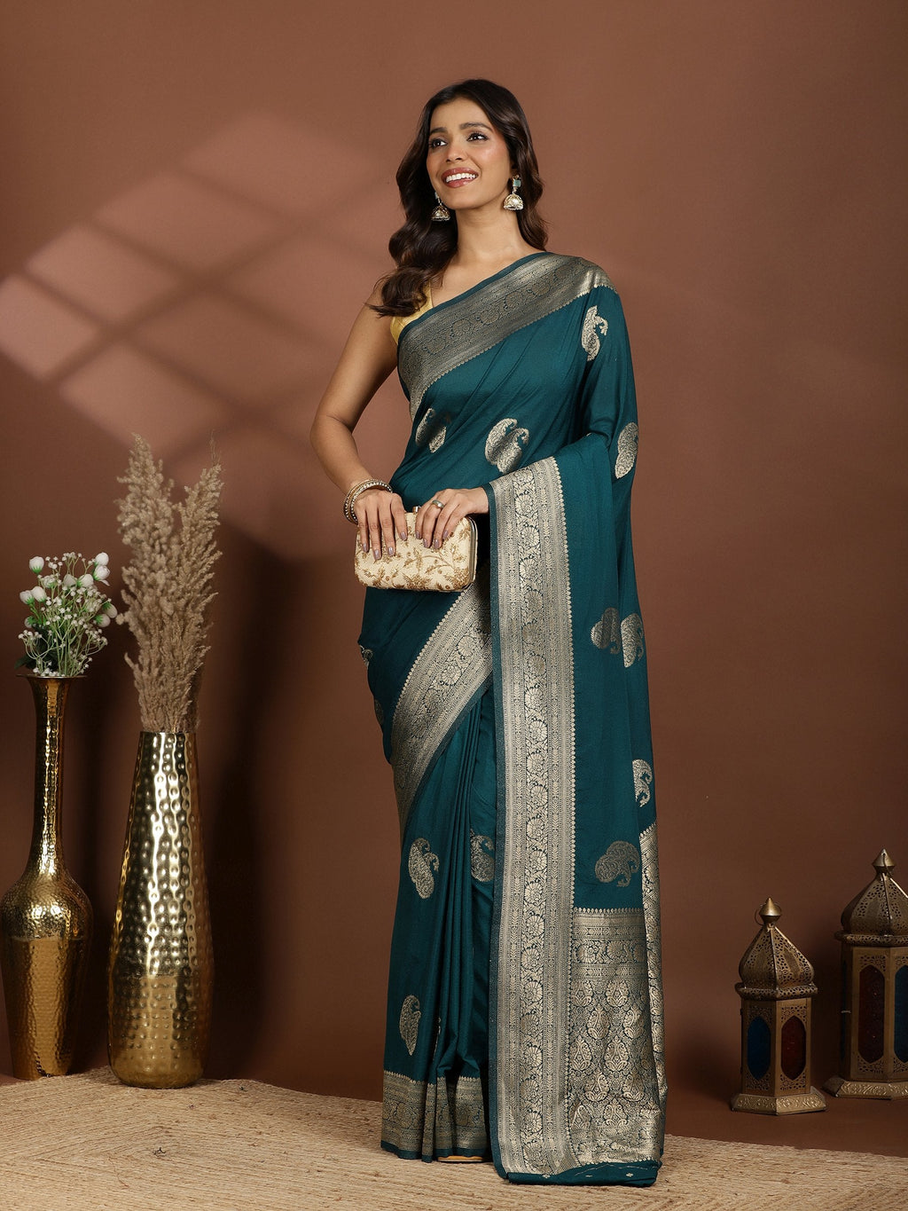 Teal Blue Zari Booti Art Silk Saree