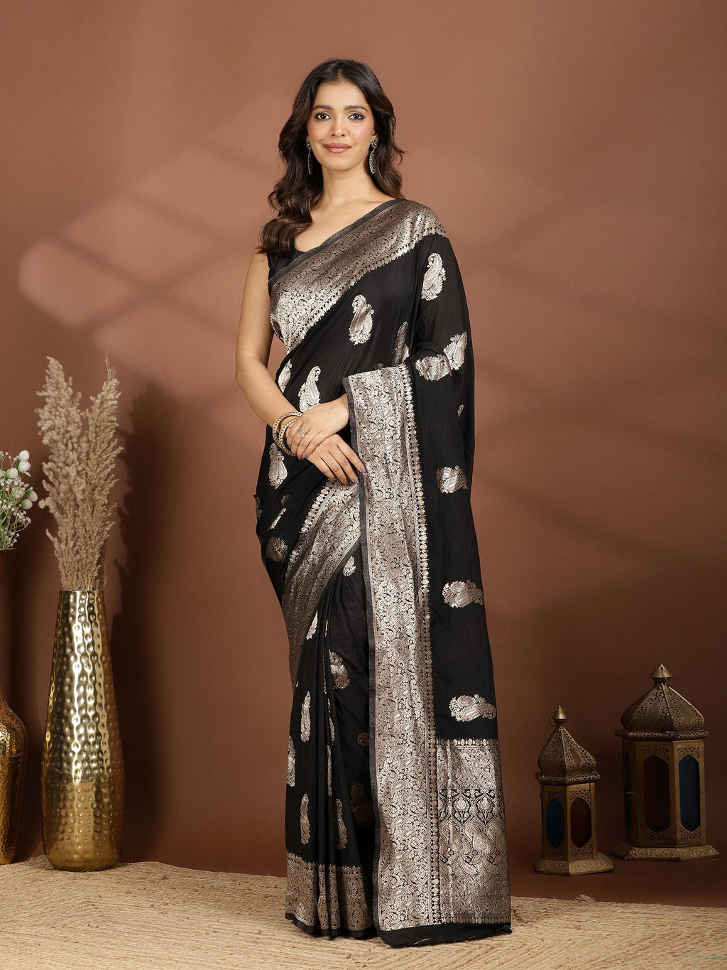 Black Zari Booti Art Silk Saree