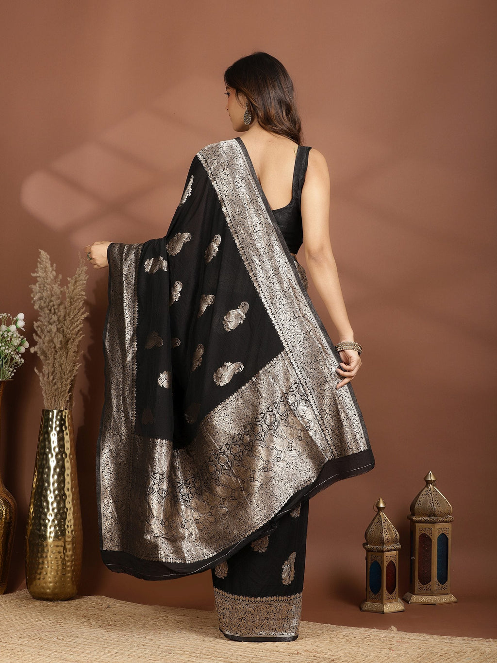 Black Zari Booti Art Silk Saree