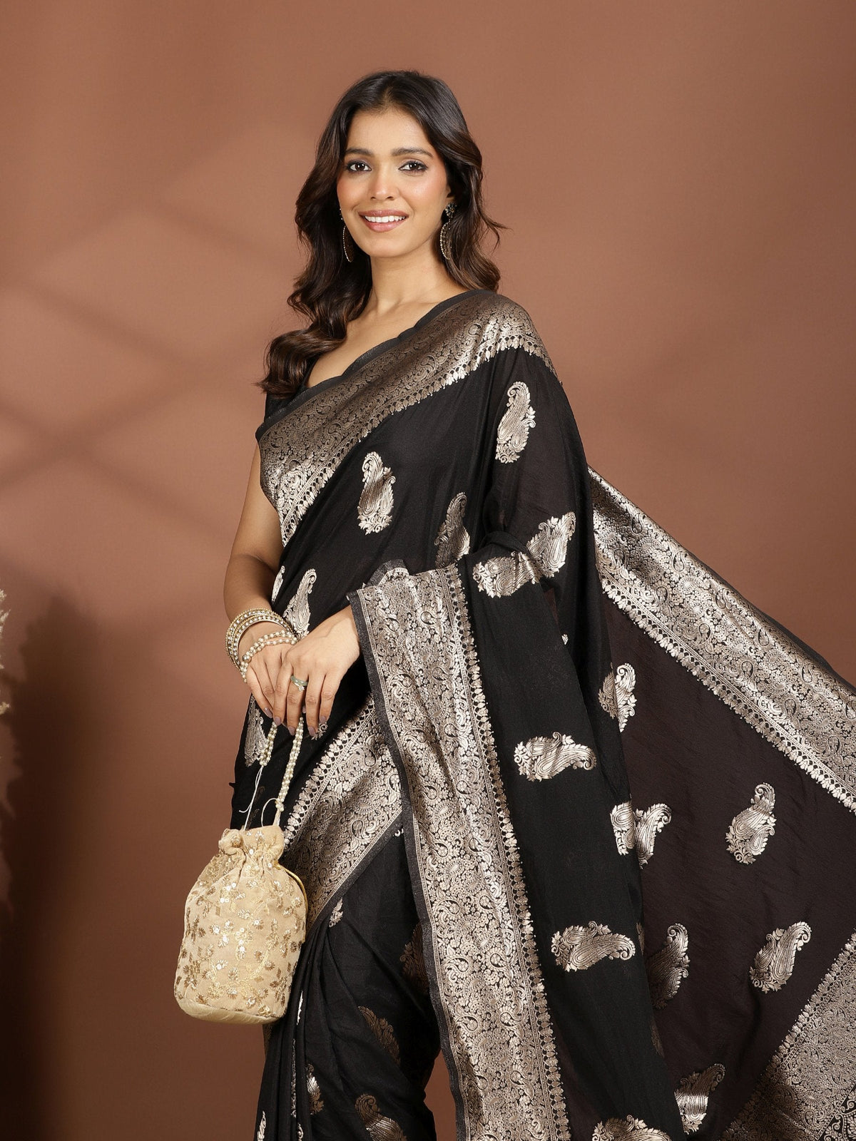 Black Zari Booti Art Silk Saree