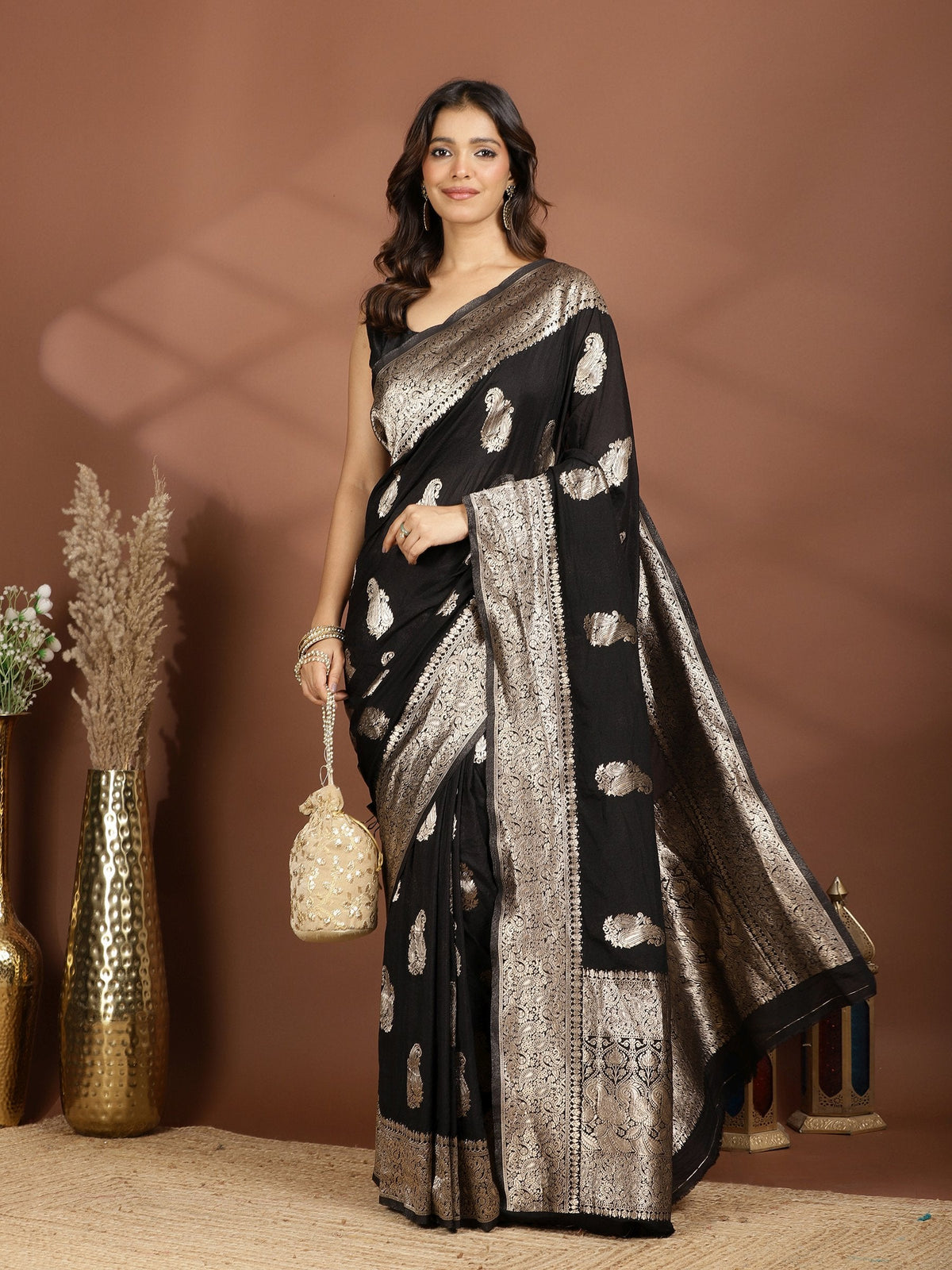 Black Zari Booti Art Silk Saree