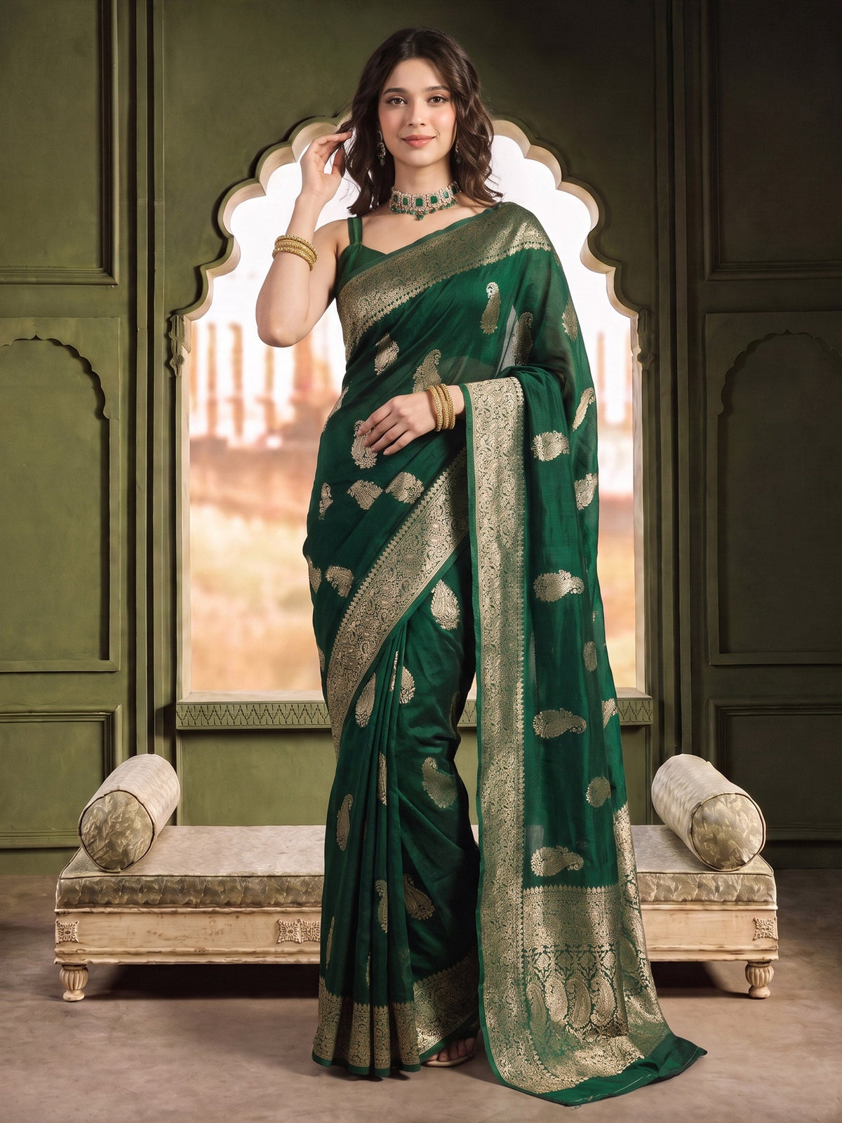 Bottle Green Woven Design Art Silk Saree