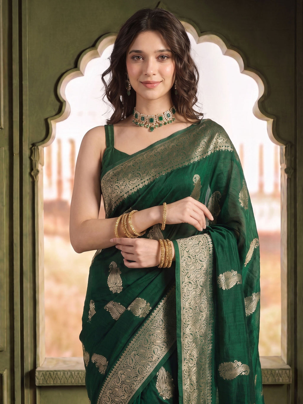 Bottle Green Woven Design Art Silk Saree