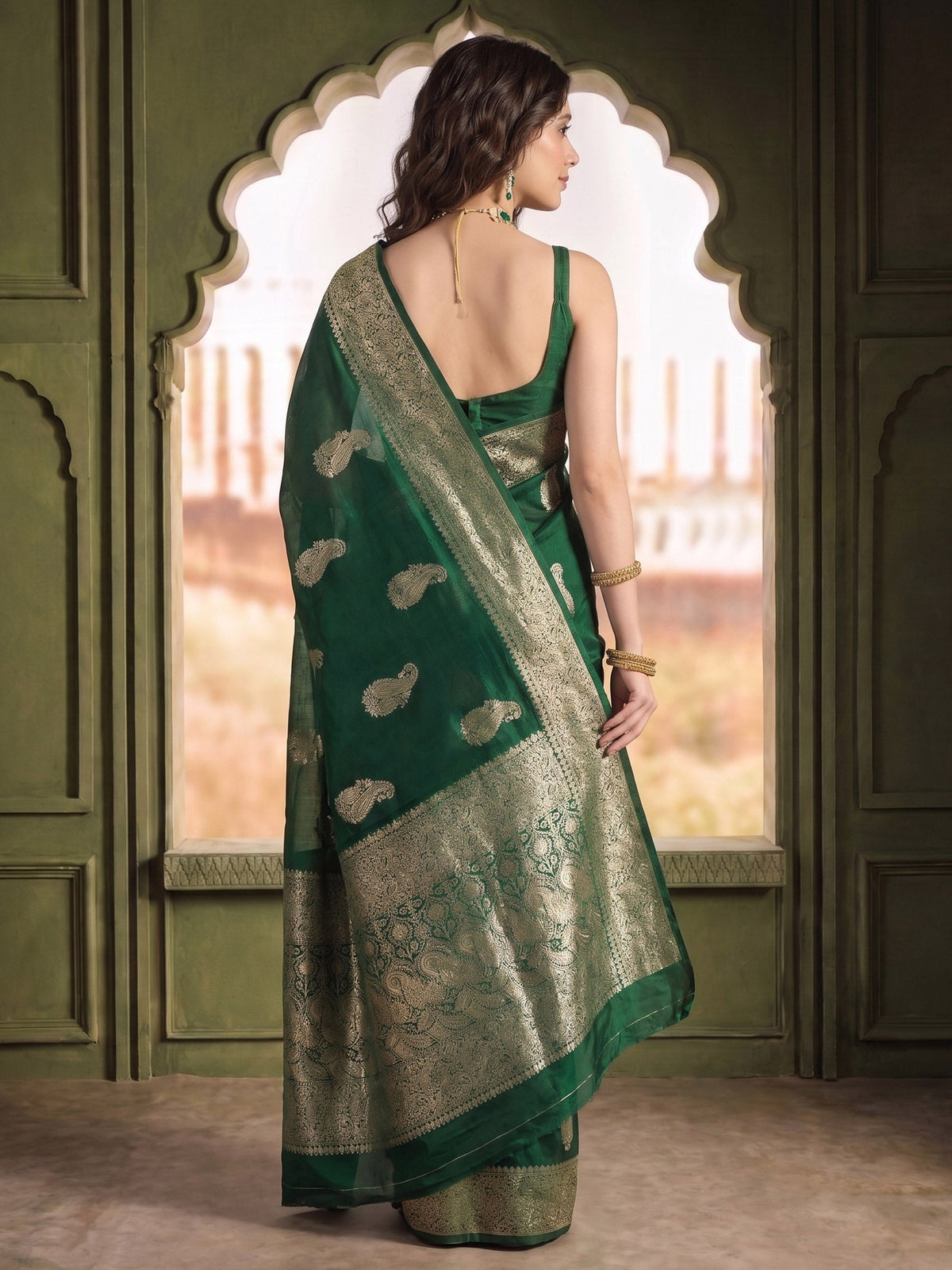 Bottle Green Woven Design Art Silk Saree