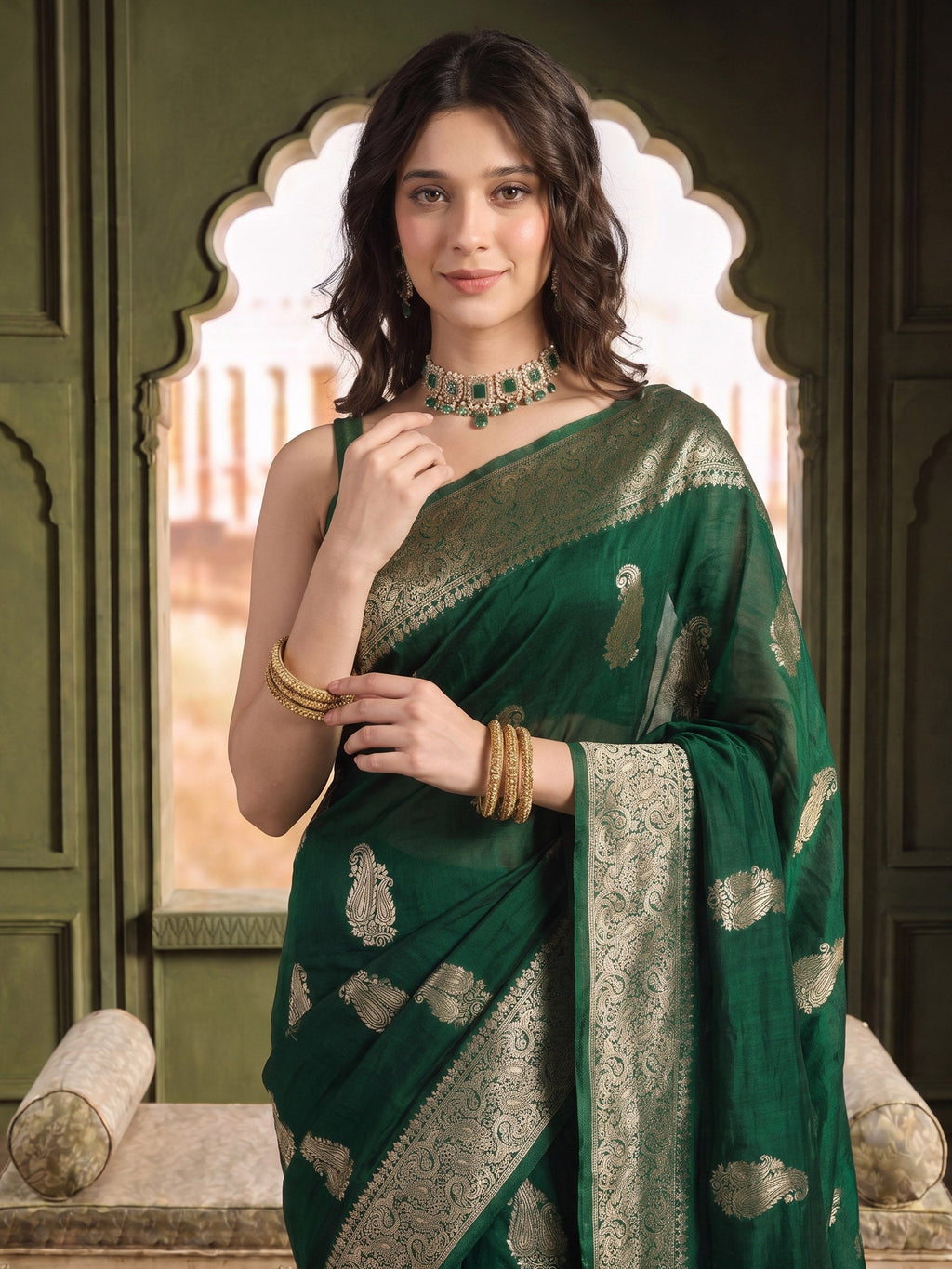 Bottle Green Woven Design Art Silk Saree