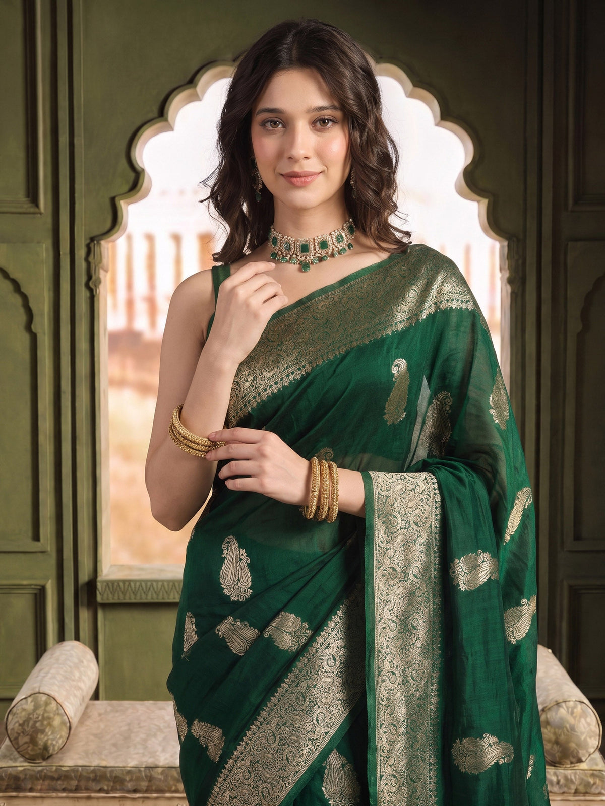 Bottle Green Woven Design Art Silk Saree