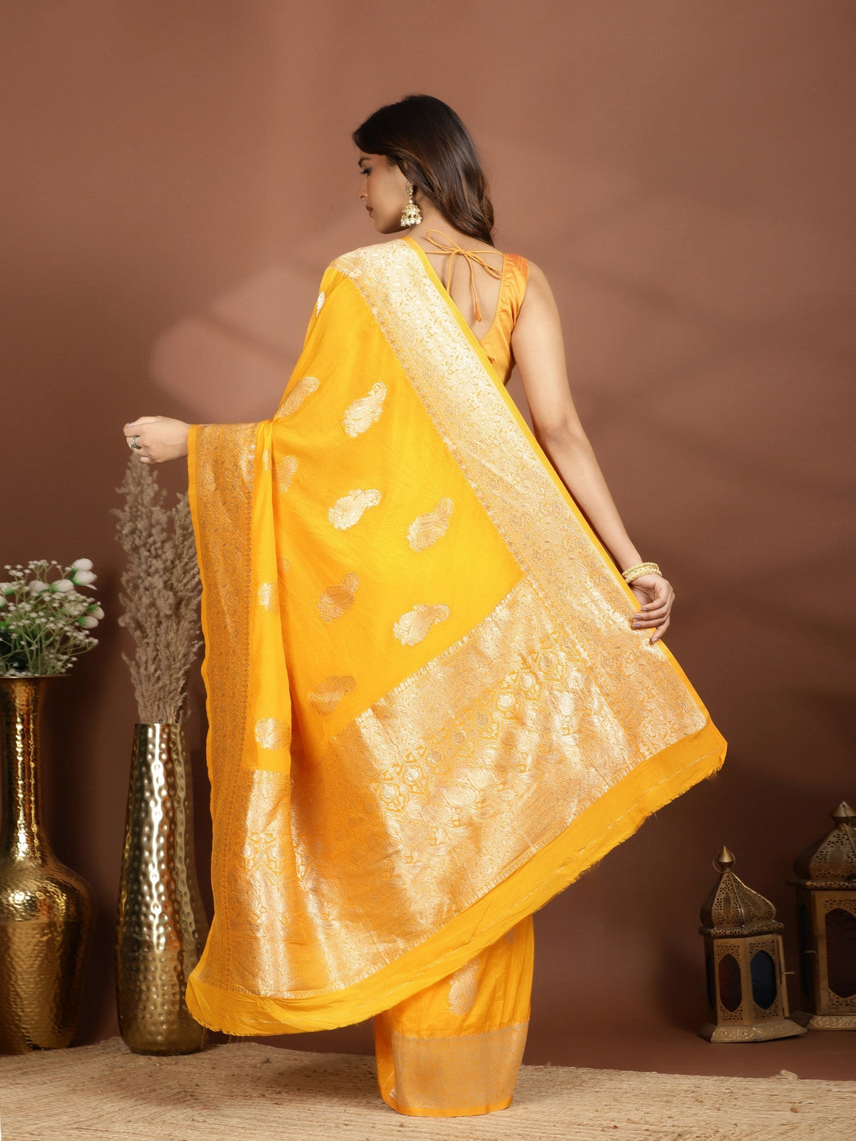 Mustard Zari Booti Art Silk Saree