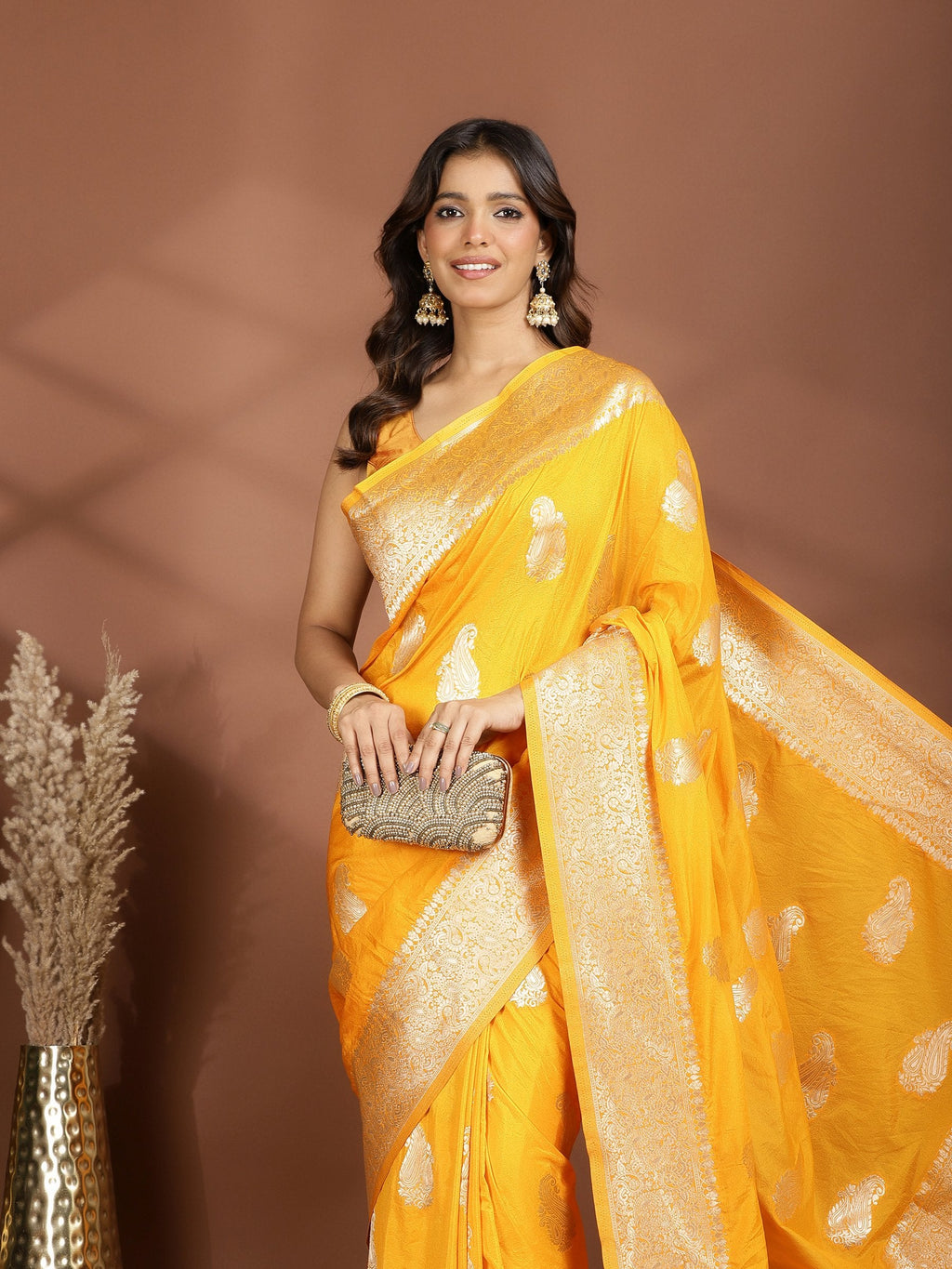 Mustard Zari Booti Art Silk Saree